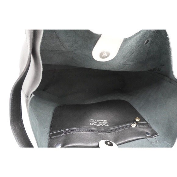PULICATI Black Genuine Leather Tote Bag Made in Italy Beige Strap Accent 39-14 - Picture 4 of 10